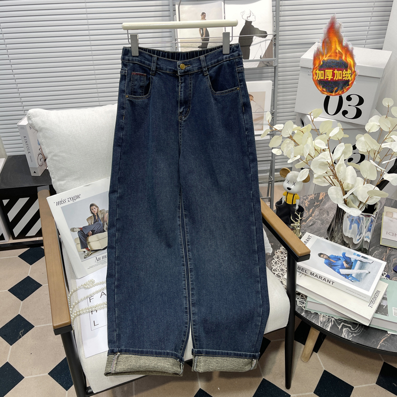 大码秋冬胖mm磨毛直筒牛仔裤
