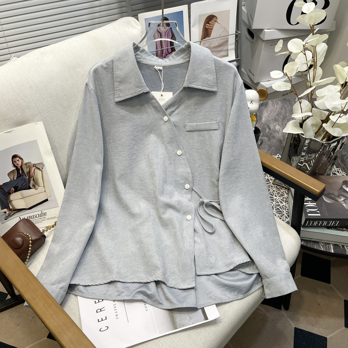 大码女装秋季新款藏肉绑带衬衫