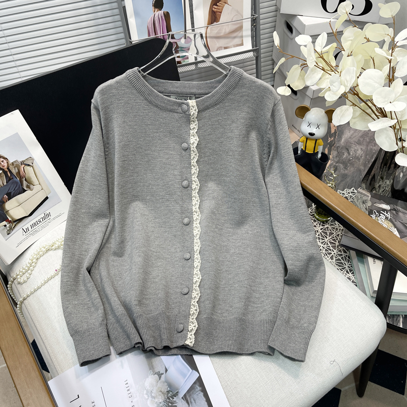 大码女设计感蕾丝花边拼接针织衫