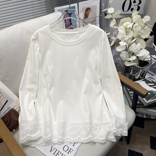 大码女装蕾丝拼接白色打底衫T恤