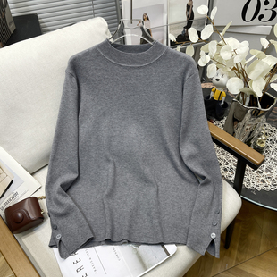 胖mm纯色套头袖 大码 半高领针织衫 秋冬新款 口开叉内搭打底毛衣 女装