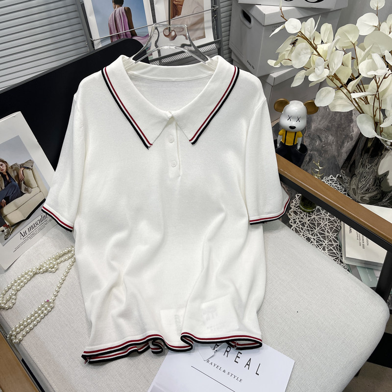 胡子叔大码女装春夏新款学院风polo领撞色针织衫胖mm短袖T恤上衣