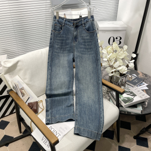 新款 秋季 复古做旧直筒牛仔裤 女胖mm高腰窄版 胡子叔大码 阔腿裤 女装