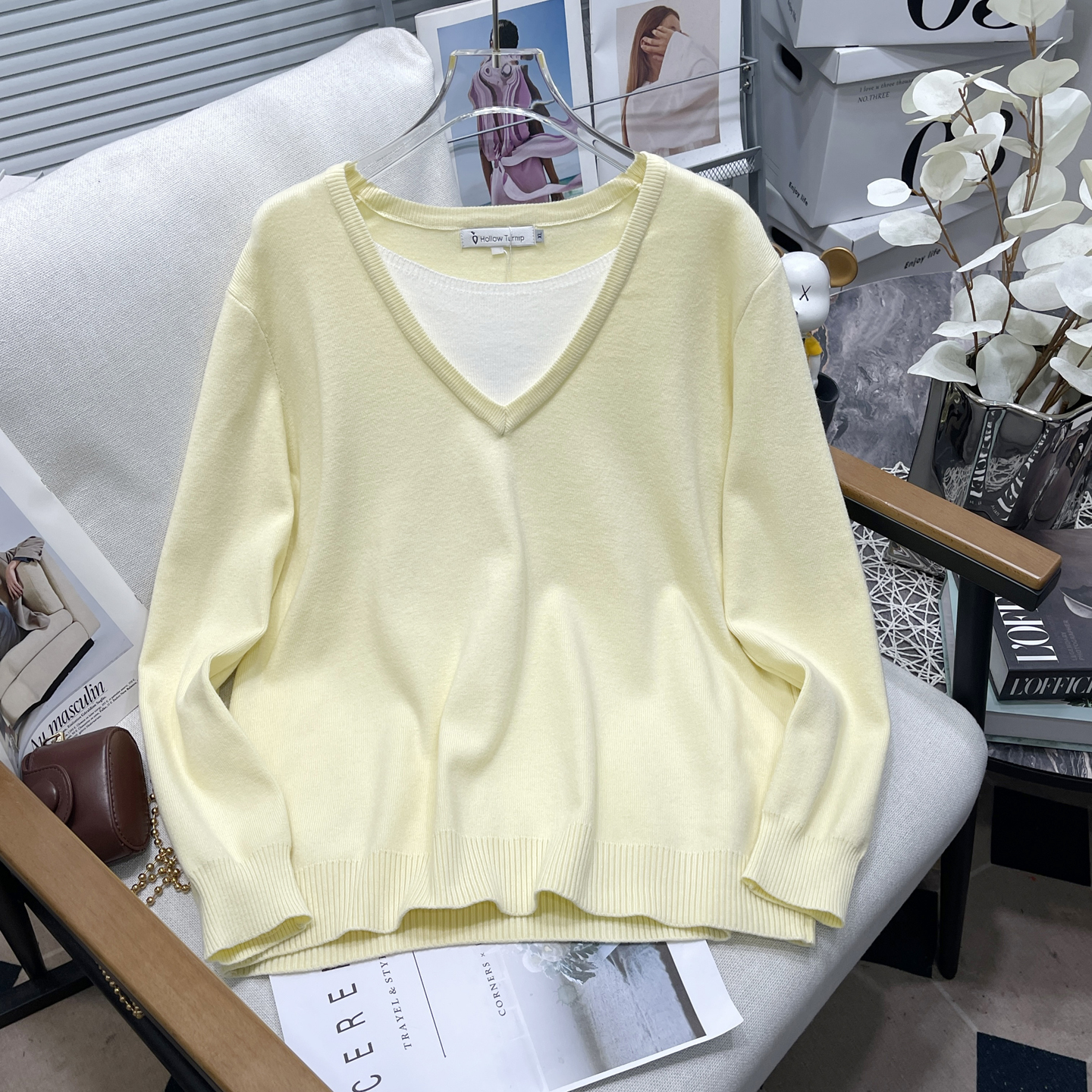 大码女装秋假两件黄色v领针织衫
