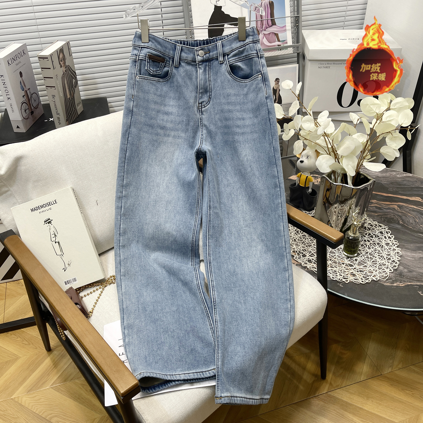 大码女装口袋标加绒牛仔裤女