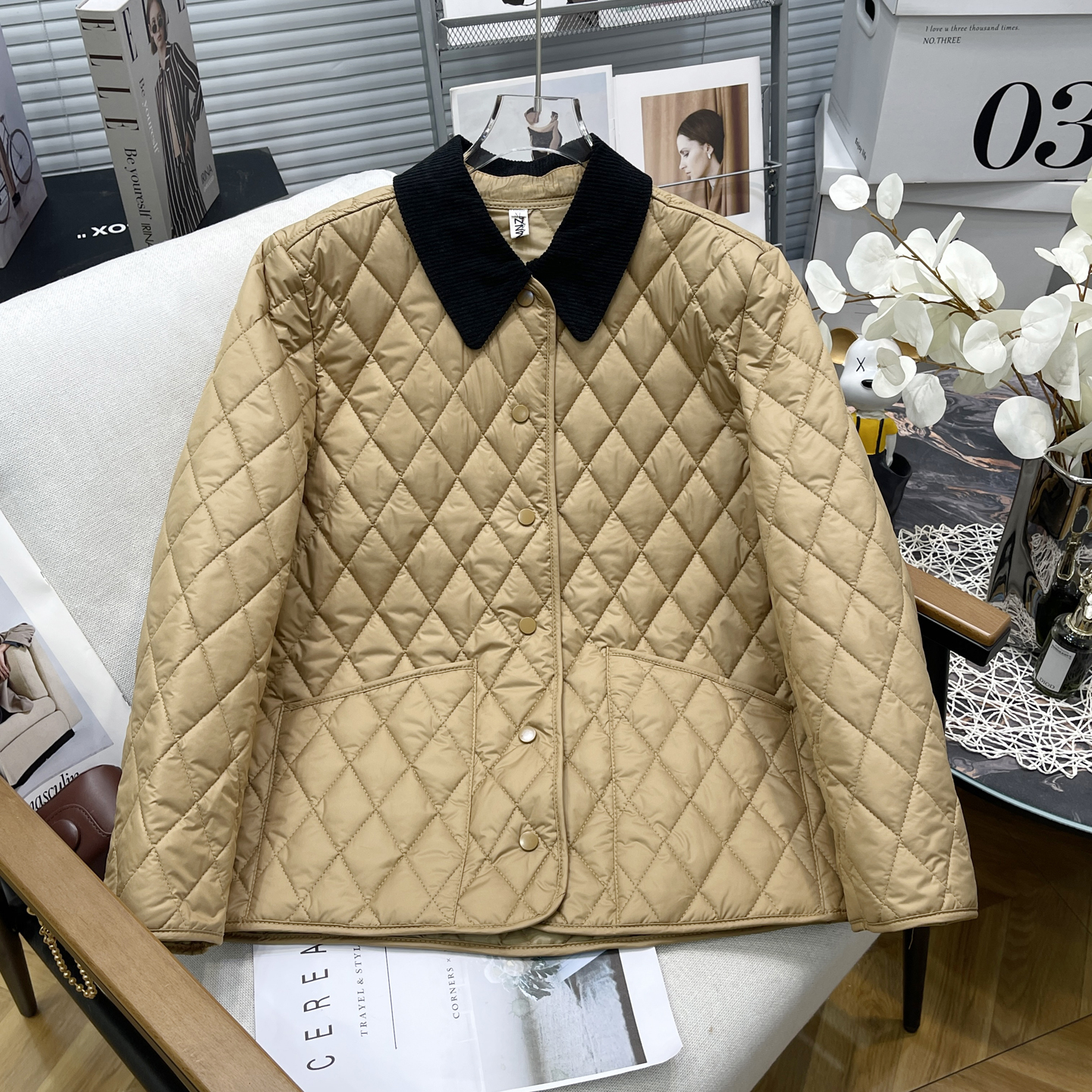 大码女装女灯芯绒领菱形格棉衣