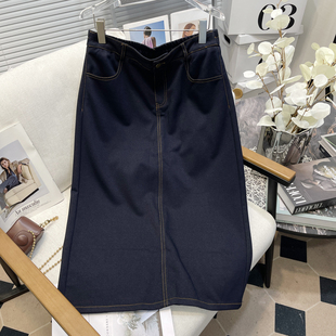 高腰牛仔半身裙女胖mm中长款 新款 深蓝色开叉包臀裙 女装 胡子叔大码