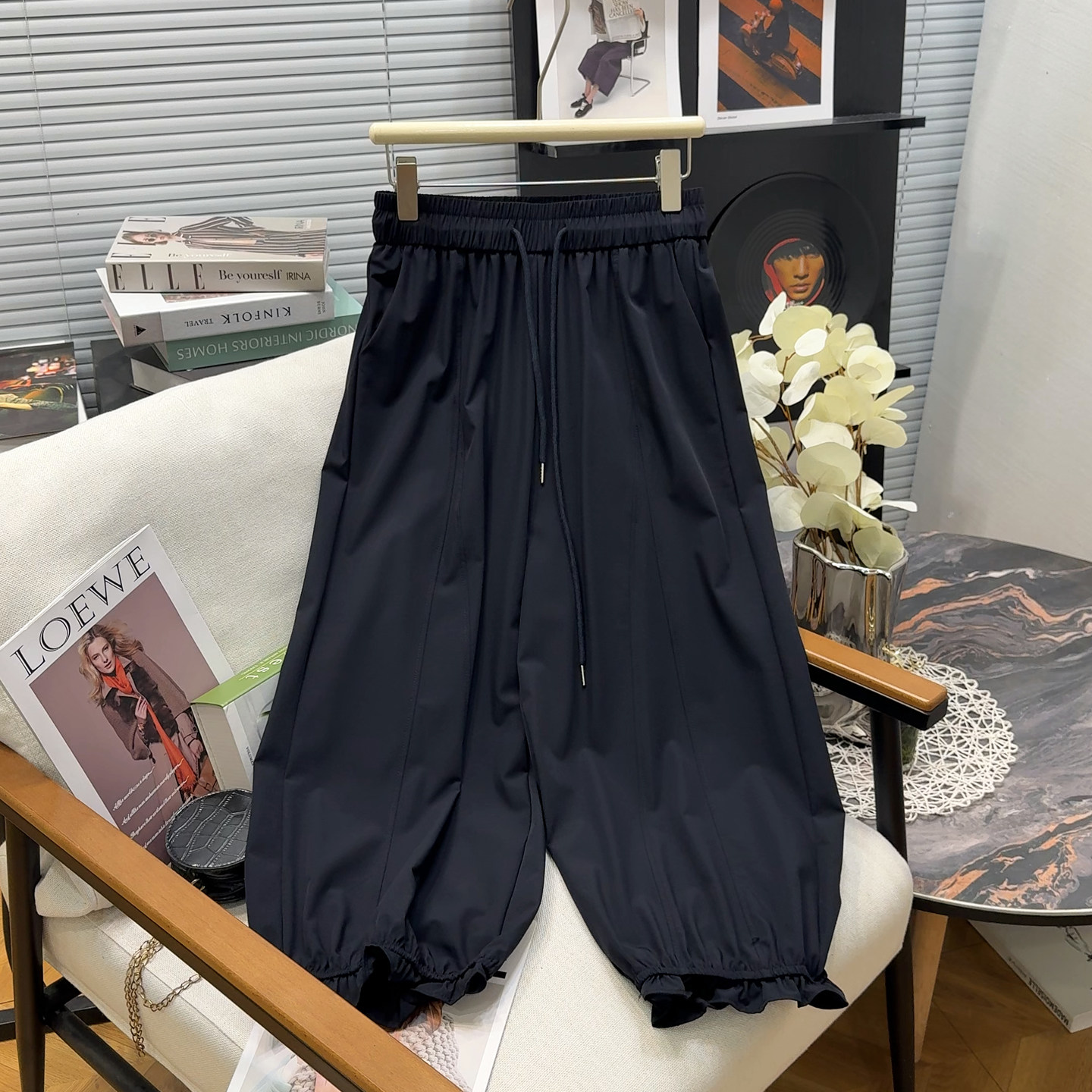大码黑色九分直筒花苞气球裤女夏季新款抽绳木耳边宽松休闲灯笼裤