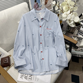 女装 夏季 新款 胡子叔大码 衬衫 上衣女蓝色条纹胖mm设计感小众防晒衣