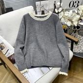 大码 胖mm减龄宽松上衣圆领毛衣 花边领加厚拼色针织衫 女装 秋冬新款