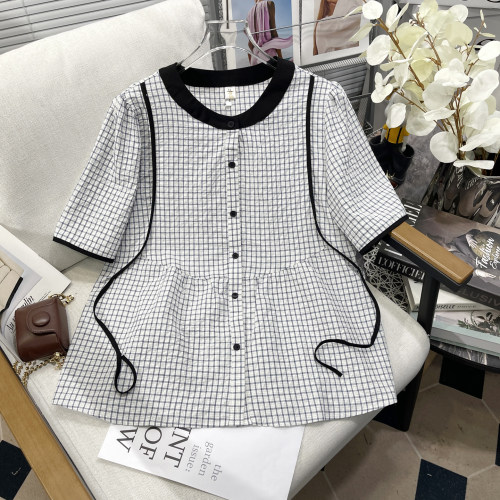 大码女装法式格子泡泡袖短袖衬衫