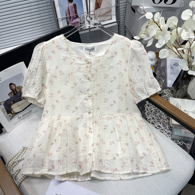 大码女法式方领泡泡袖碎花衬衫女