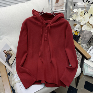 胡子叔大码 慵懒风连帽毛衣秋冬洋气遮肉显瘦百搭纯色宽松上衣 女装