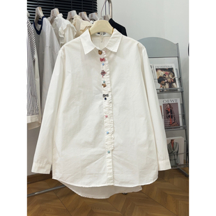 纯棉白色衬衫女春季新微胖大码女装日系甜美百搭衬衣显瘦长袖上衣