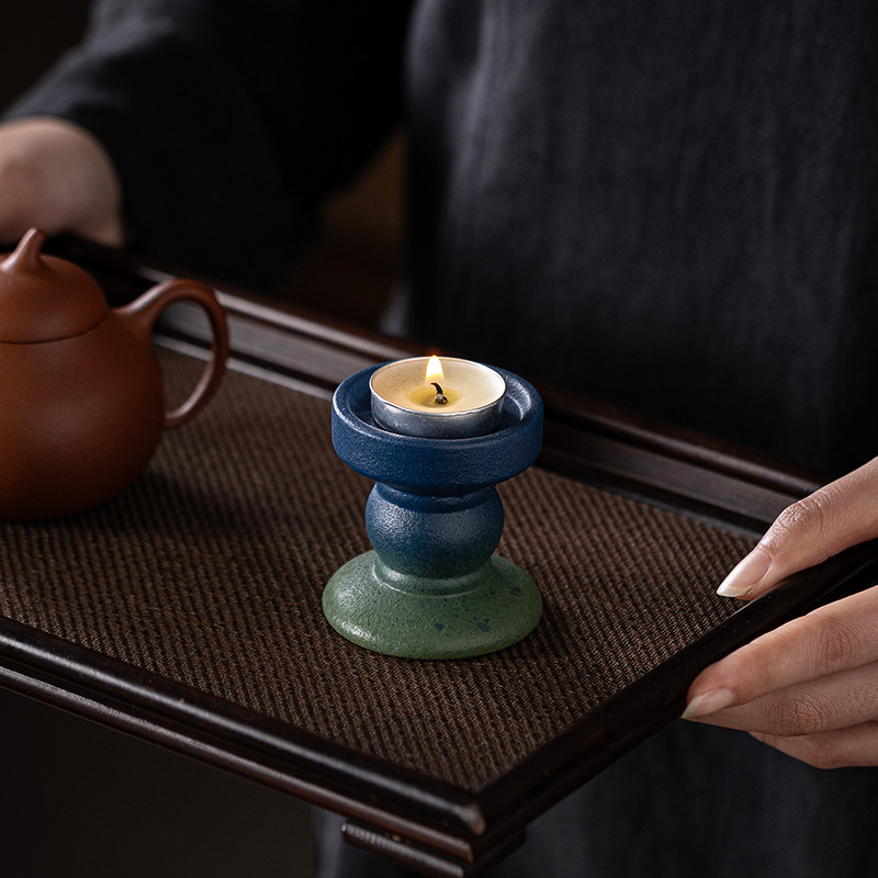 茶桌小氛围灯茶玩禅意陶瓷蜡烛台座家用供佛香薰蜡灯茶室装饰摆件