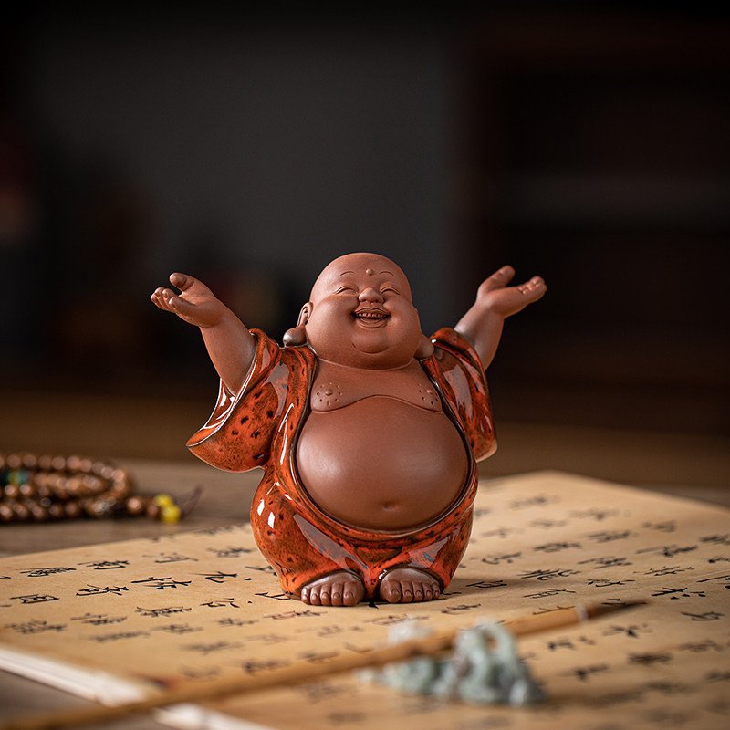 创意陶瓷可爱大肚弥勒佛茶宠摆件禅意笑佛中式茶室桌面博古架装饰