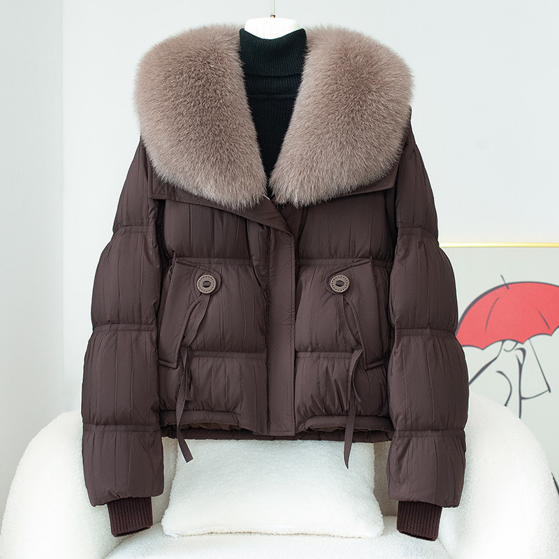 2025冬季新款白鹅绒羽绒服女短款宽松狐狸毛领海宁皮草外套年轻款
