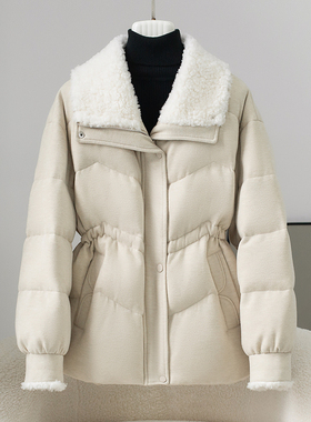 2025冬季新款白鹅绒羽绒服女短款山羊绒桑蚕丝羊毛领海宁皮草外套