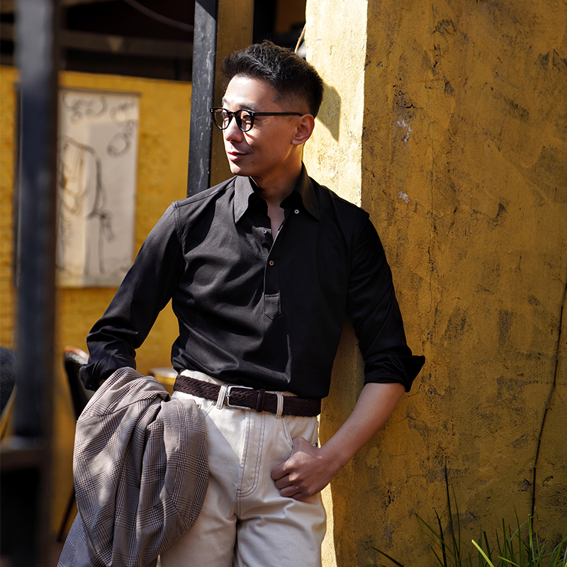 CM那不勒斯皇后优雅黑丝麻棉混纺长尖领半襟polo款长袖衬衫465