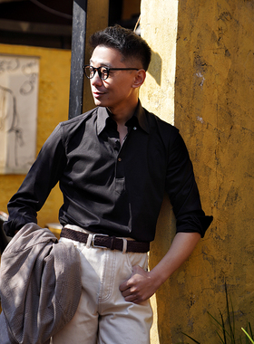 CM那不勒斯皇后优雅黑丝麻棉混纺长尖领半襟polo款长袖衬衫465