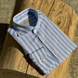 CM那不勒斯皇后淡蓝条纹全亚麻意式休闲男士长袖衬衫431