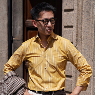 CM那不勒斯皇后卡其黄条纹全棉八字领商务休闲男士长袖衬衫384