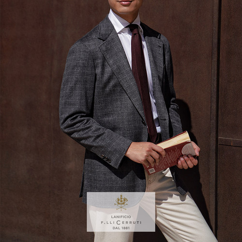 CM那不勒斯皇后1881灰色暗格纹全羊绒全麻衬休闲定制西装上衣189