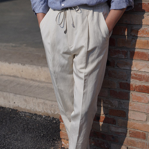 CM那不勒斯皇后大理石白棉麻混纺春夏抽绳中休闲西裤315
