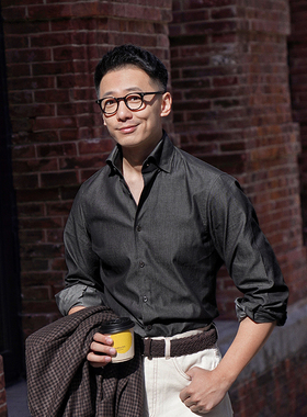 CMT那不勒斯皇后albini意产炭黑色牛仔全棉三步手工衬衫18