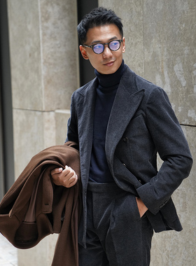 CM那不勒斯皇后炭灰色羊绒混纺灯芯绒全麻衬商务双排扣定制套装60