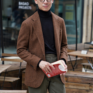 CM那不勒斯皇后铁锈棕全羊毛人字纹粗花呢全麻衬商务西服上衣170