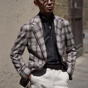 CM那不勒斯皇后原色羊毛大窗格全麻衬男士休闲西服单西463