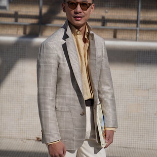 CM那不勒斯皇后Loro米色千鸟窗格丝麻毛混纺全麻衬意式 单西