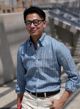 CM那不勒斯皇后湖蓝色条纹亚麻工装风格商务休闲男士衬衫376