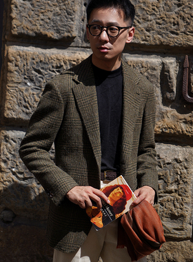 CM那不勒斯皇后褐绿色亲王格全羊毛全麻衬男士西服640