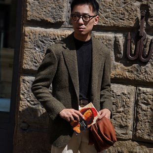 CM那不勒斯皇后褐绿色亲王格全羊毛全麻衬男士西服640