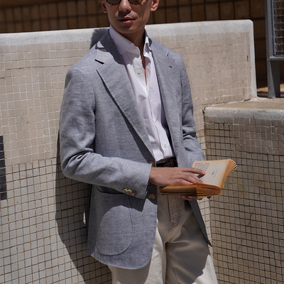 CM那不勒斯皇后湖蓝色毛麻混纺全麻衬男士休闲单西294