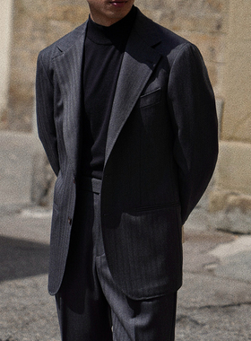 CM那不勒斯皇后深灰鱼骨纹精纺全羊毛全麻衬男士休闲西服套装480