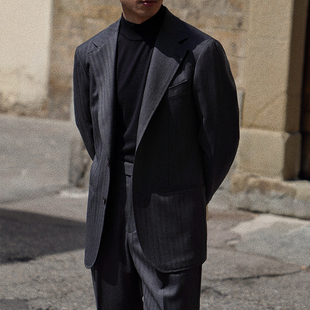 CM那不勒斯皇后深灰鱼骨纹精纺全羊毛全麻衬男士休闲西服套装480