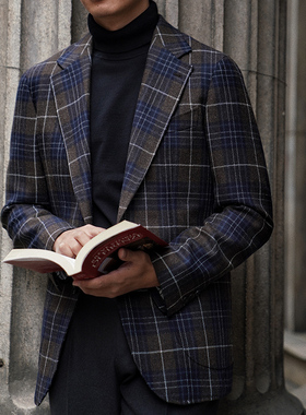 CM那不勒斯皇后Wbill薄花呢蓝咖大窗格全麻衬意式定制西装上衣34