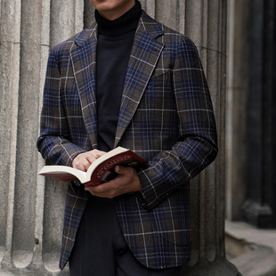 CM那不勒斯皇后Wbill薄花呢蓝咖大窗格全麻衬意式定制西装上衣34