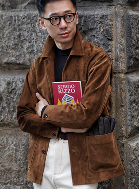 CM那不勒斯皇后棕咖色非洲头层绵羊翻绒羊皮五袋工装翻领夹克