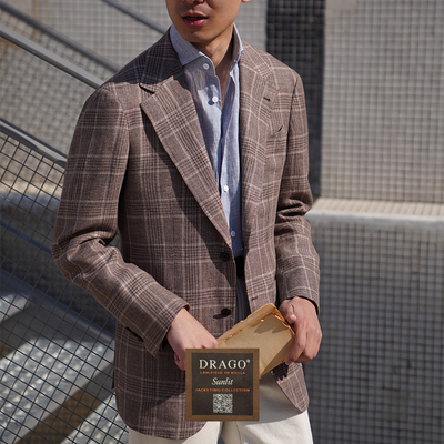 CM那不勒斯皇后意大利Drago奶咖色窗格毛麻混纺全麻衬单西396