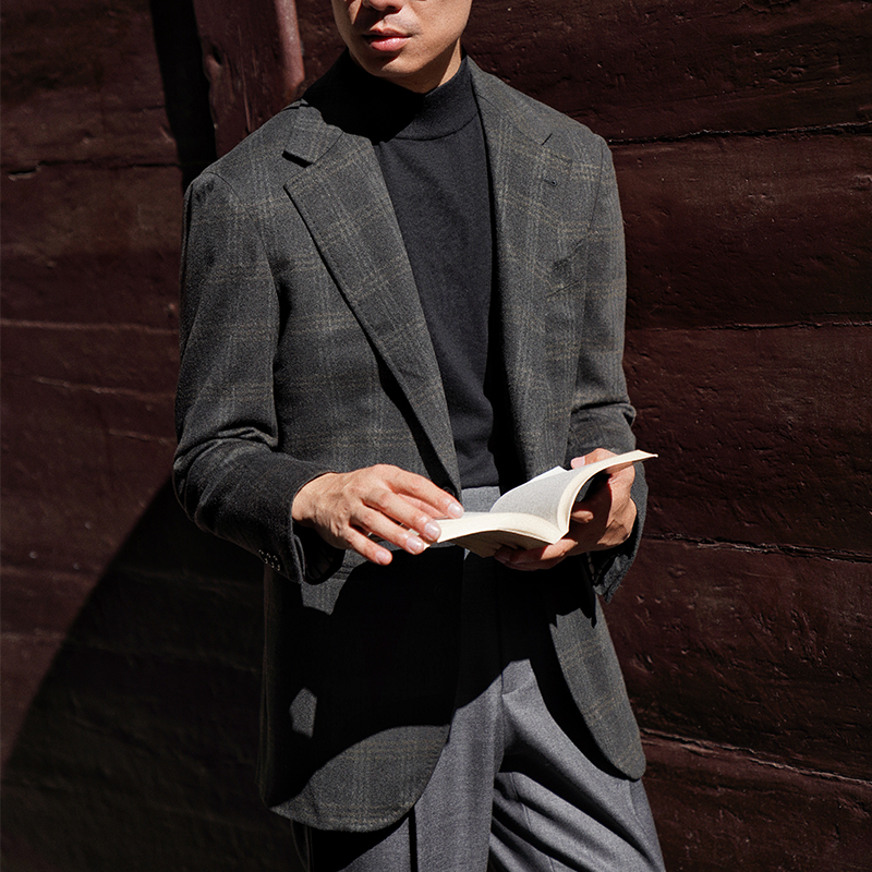 CM那不勒斯皇后1881Cerruti墨绿窗格全羊绒全麻衬休闲单西492