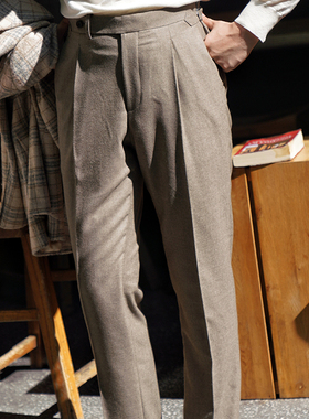 CARMURAT那不勒斯棕灰驼全羊毛精纺法兰绒西裤意式中高腰长裤248