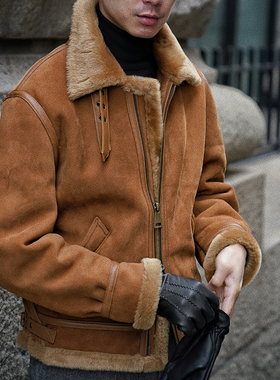 CM那不勒斯皇后棕黄色法国羔羊皮皮毛一体B3飞行员立领夹克