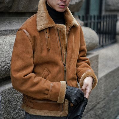 CM那不勒斯皇后棕黄色法国羔羊皮皮毛一体B3飞行员立领夹克