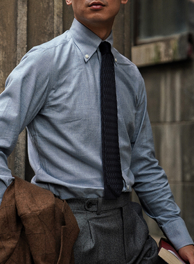 CM 浅灰蓝色法兰绒纯棉经典意式领尖扣领商务休闲男士长袖衬衫89