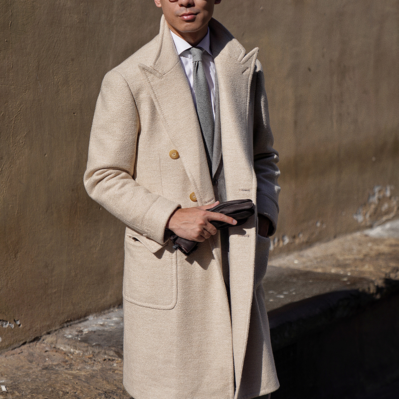 CM那不勒斯皇后Drago米白色丝羊毛枪驳领半麻衬马球大衣664