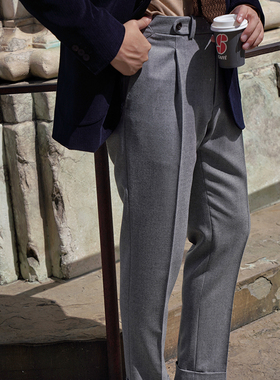 CARMURAT那不勒斯中灰斜纹全羊毛精纺法兰绒西裤意式中高腰长裤27